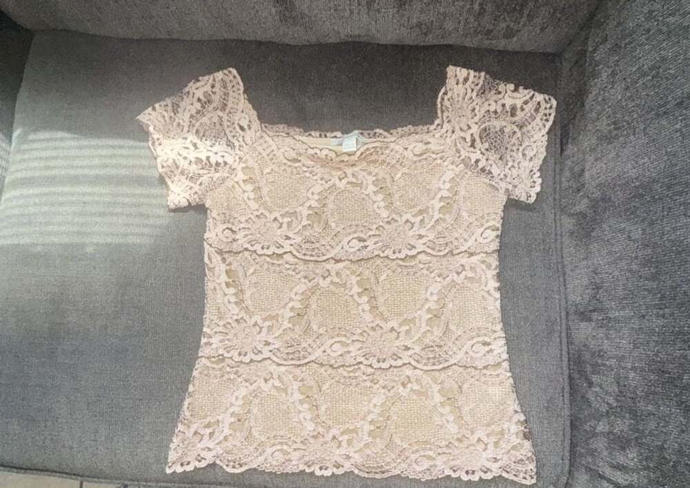 Boston Proper Women's Medium Short Sleeve Stretch Lace Gold Champagne Top